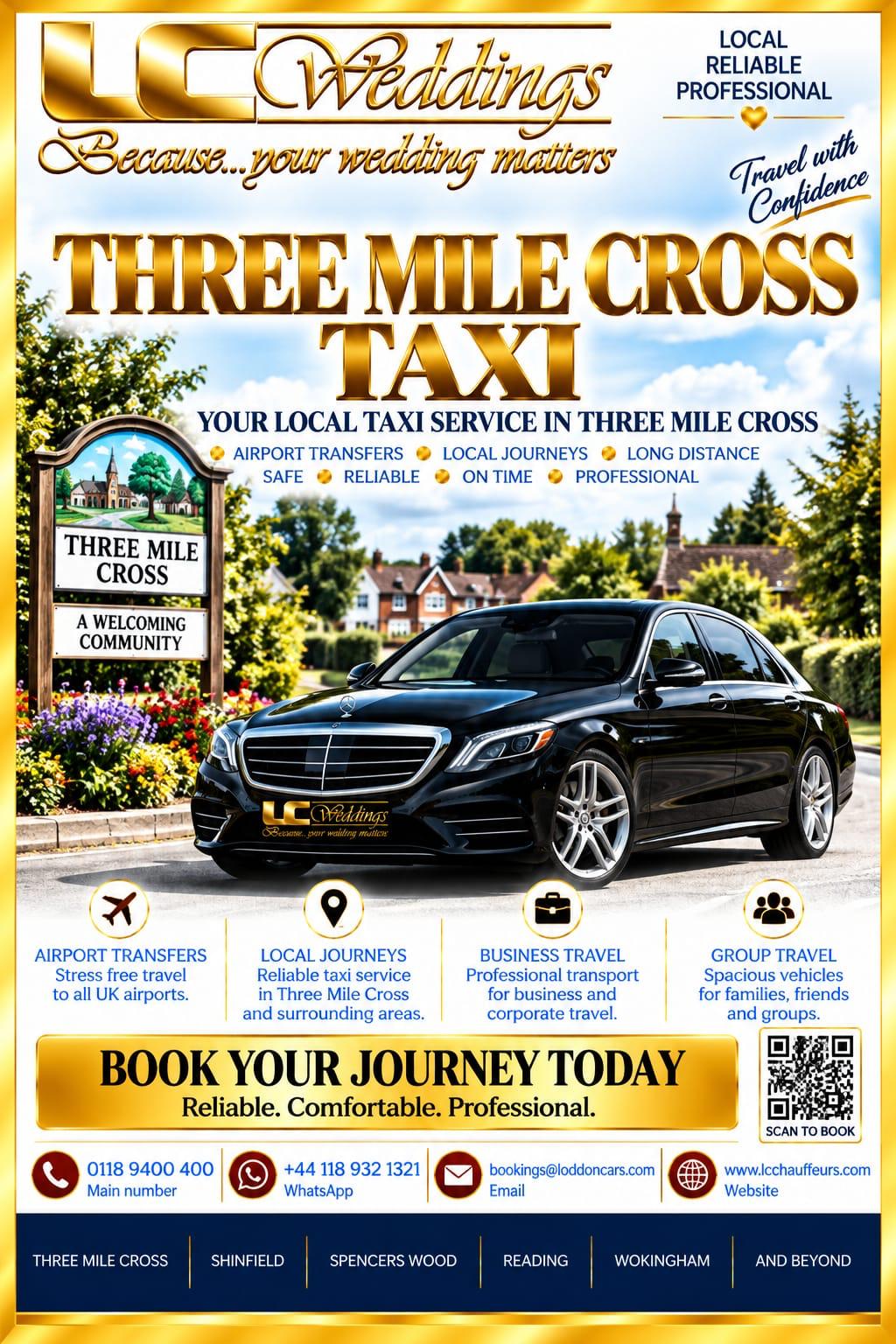 Three Mile Cross taxi for local and wedding transport